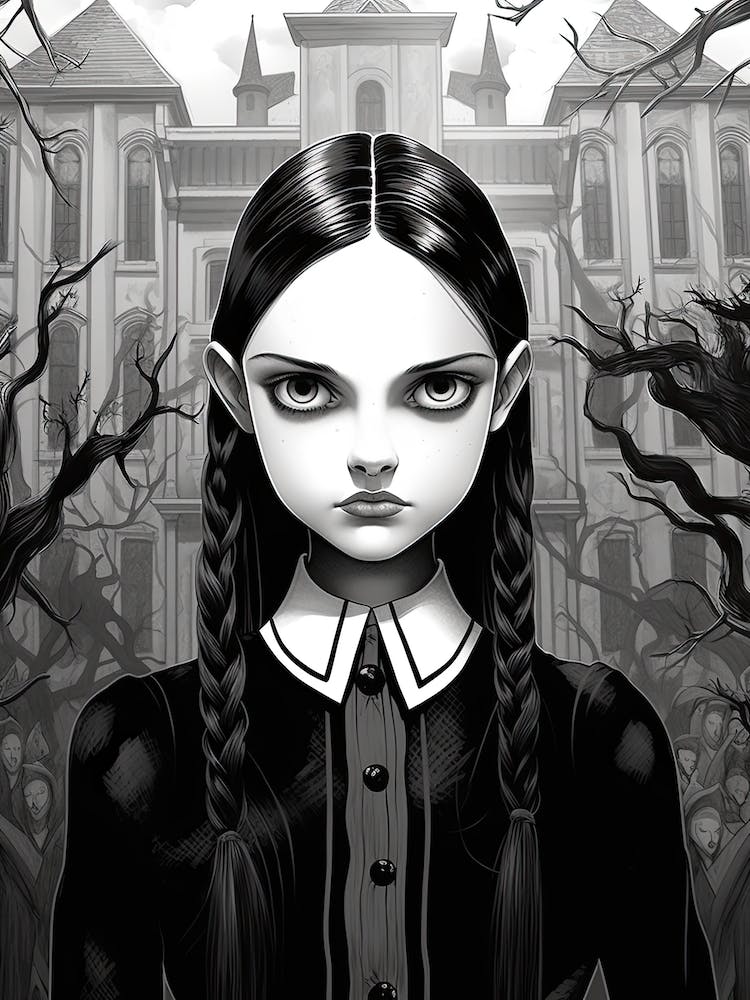 Nevermore Academy With Wednesday Addams Line Art 04 Fan Art