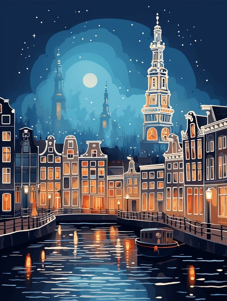 Illustration Voyage Nuit Hivernale Amsterdam Pays-Bas 3