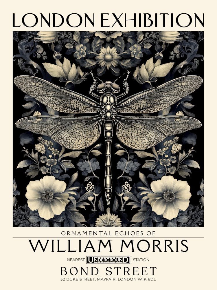 William Morris Dragonfly and floral artwork in Warm earth tones, insect and flower pattern dark academia library Botanical vintage print, living room vintage decor Floral tapestry Victorian nature art 1