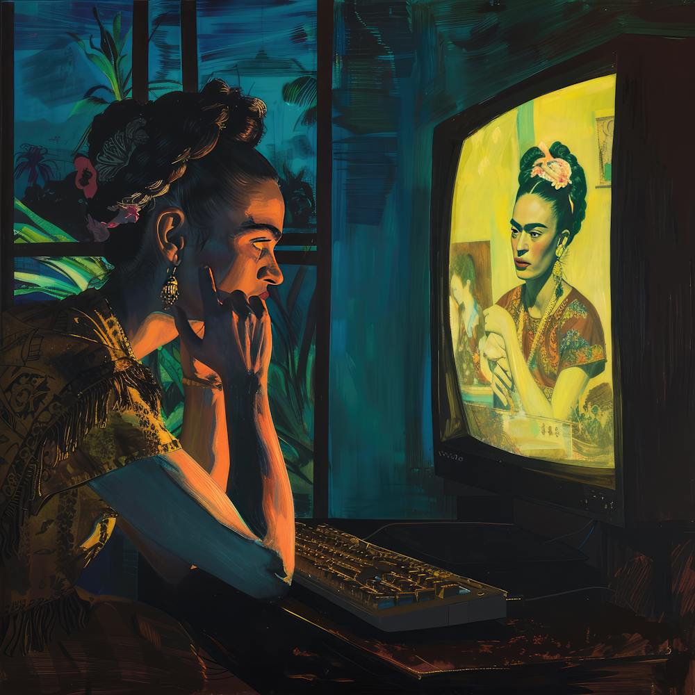 Digital Frida Series. Frida Kahlo at Her Computer at Night 1