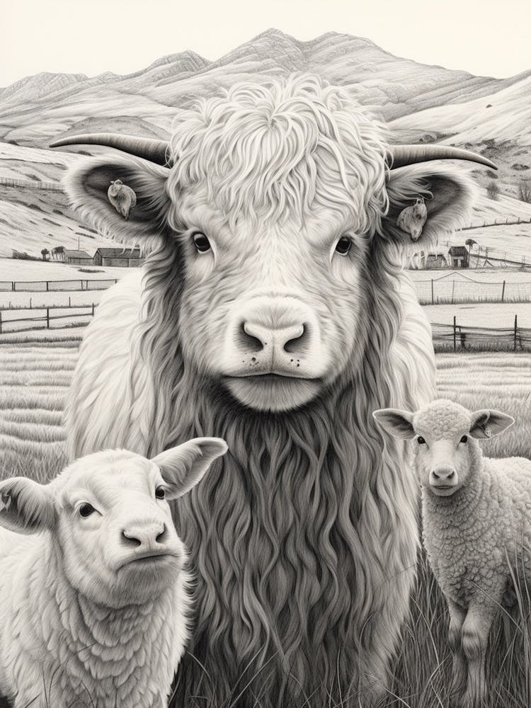 Highland Cow With Lamb