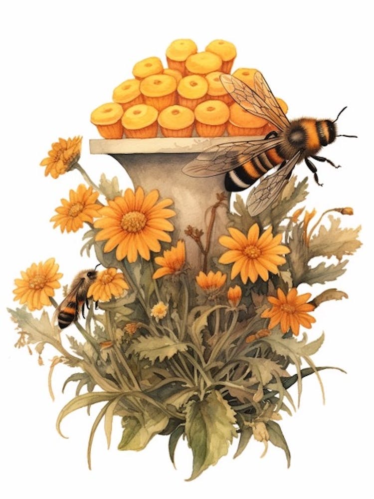 Orange Footed Flower Bee Beehive Watercolour Illustration 2