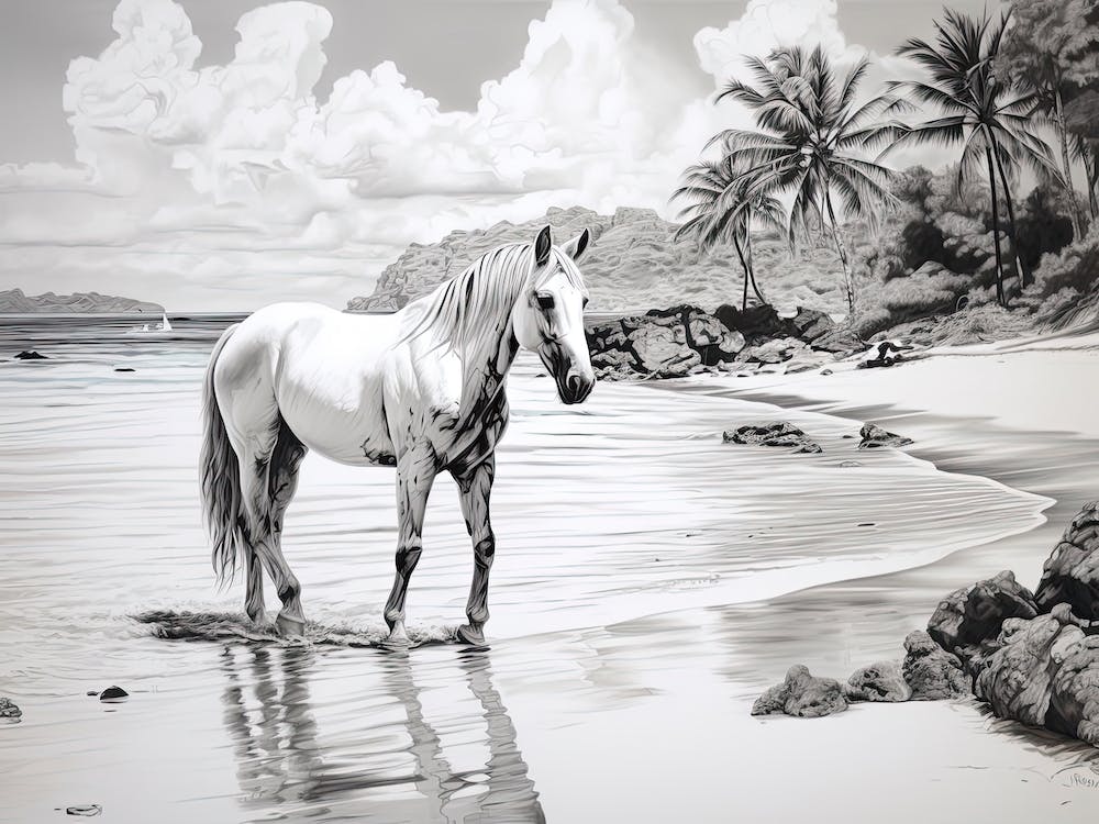 Pferde-Ölgemälde in Anse Source D Argent, Seychellen, Landschaft 4
