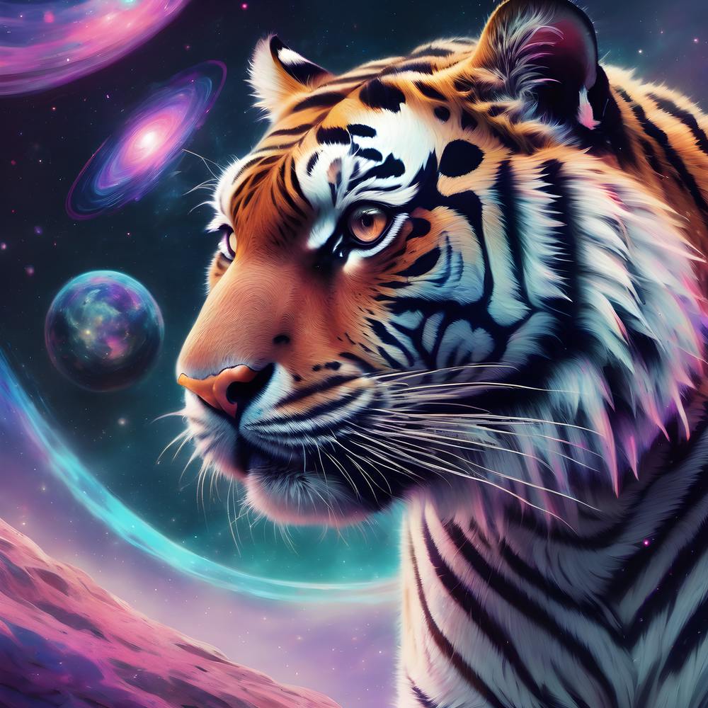 A Dreamy Surreal Tiger In A Cosmic Backdrop