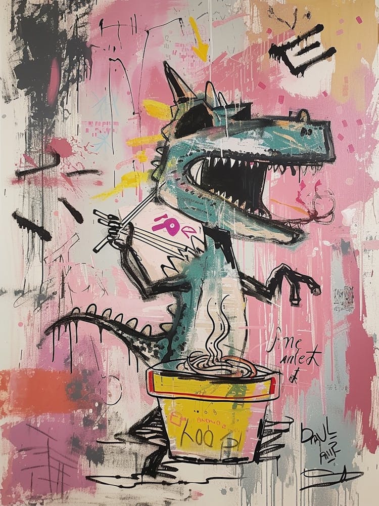 Dinosaur Eating Ramen Pink Graffiti Brushstroke
