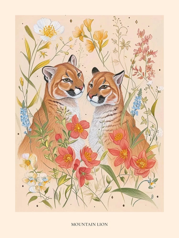 Folksy Floral Animal Drawing Mountain Lion Poster