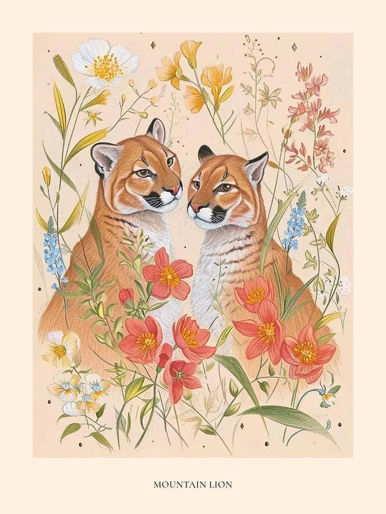 Folksy Floral Animal Drawing Mountain Lion Poster