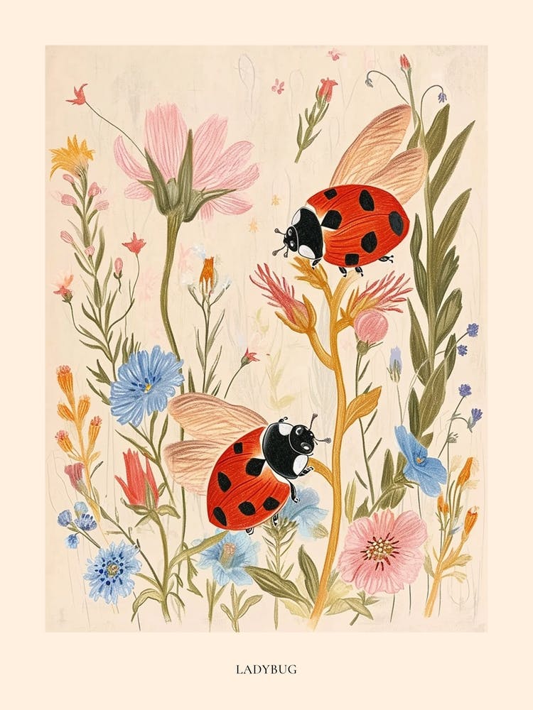 Folksy Floral Animal Drawing Ladybug 3 Poster