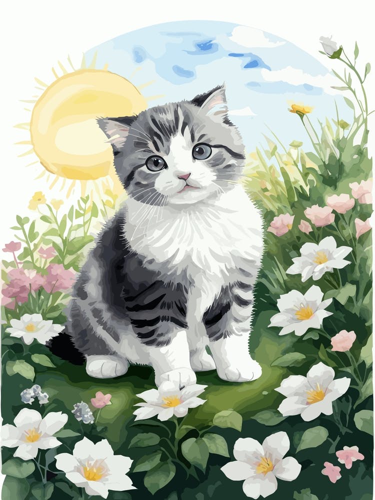 Niedliches Kätzchen Und Blumen Aquarell 4