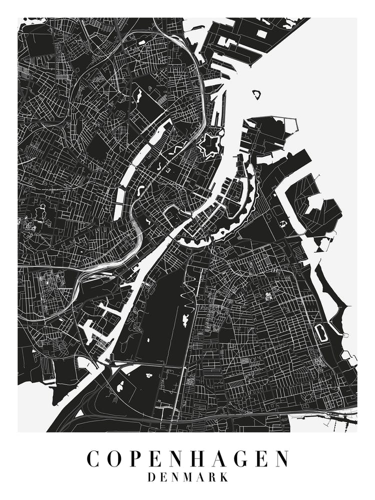 Copenhagen Denmarl Minimal Black Mono Street Map