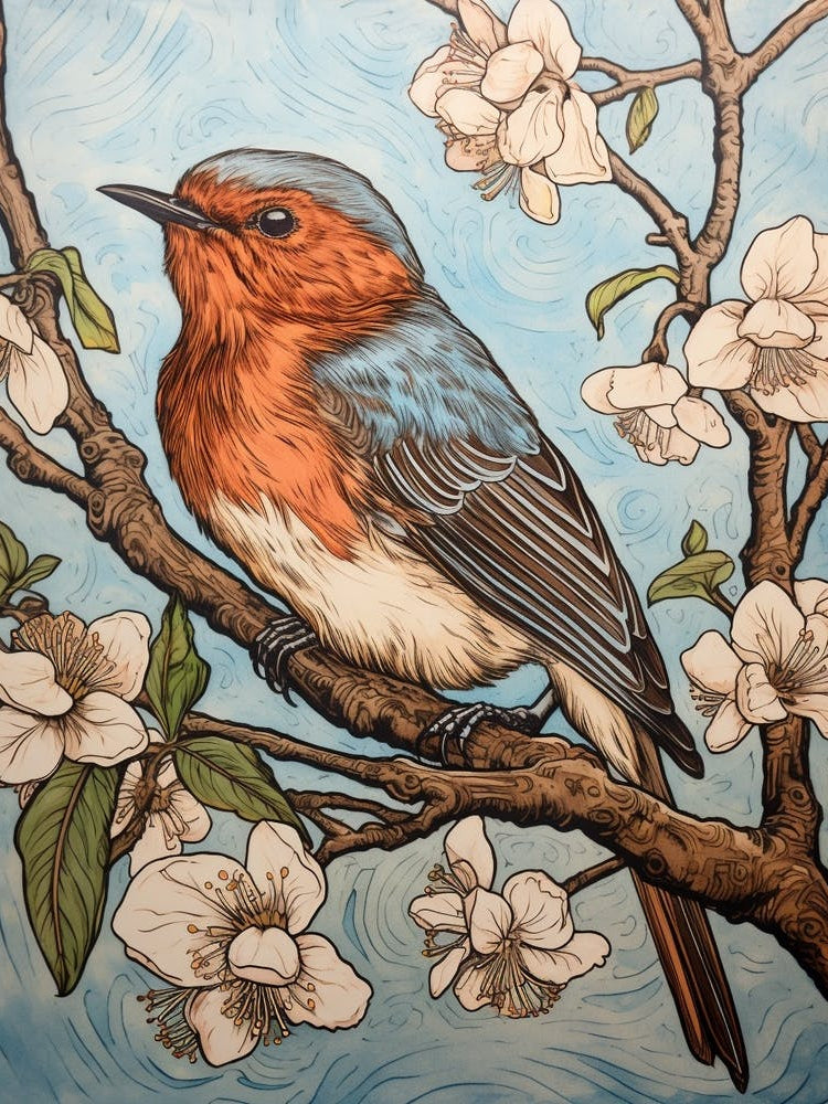 Bird On Tree Linocut Style 1