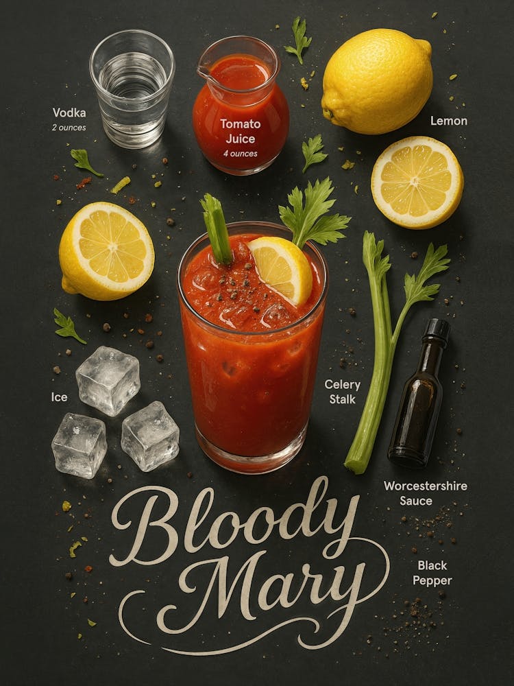 Bloody Mary Poster – Savory Vodka Brunch Cocktail: Spicy, savory, and bold – this Bloody Mary poster features vodka, tomato juice, lemon, and celery in a classic brunch setup. With bar-style typography and cozy pub appeal, it’s the perfect addition for fans of bold, peppery cocktails.