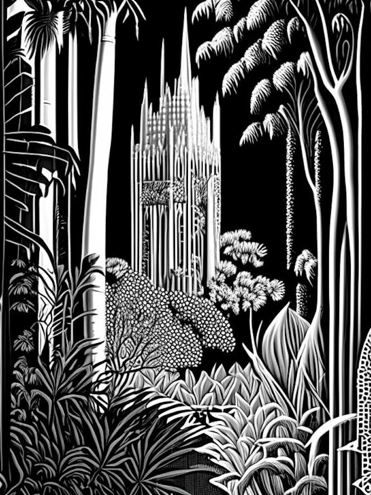 Bok Tower Gardens, Usa Linogravure Noir Et Blanc Vintage