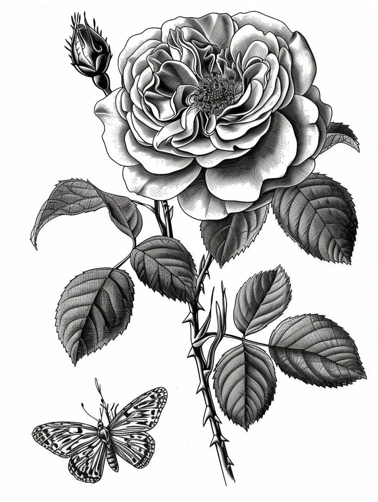 Butterfly Rose Line Drawing 2
