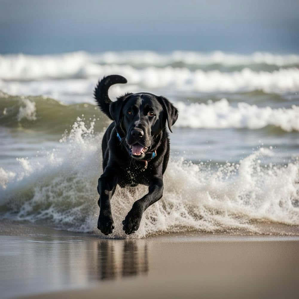 Black Labrador Retriever Running On The Beach