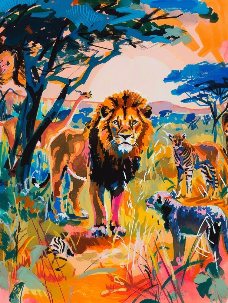 Southwest African Lion Interaction With Others Fauvist Painting 3