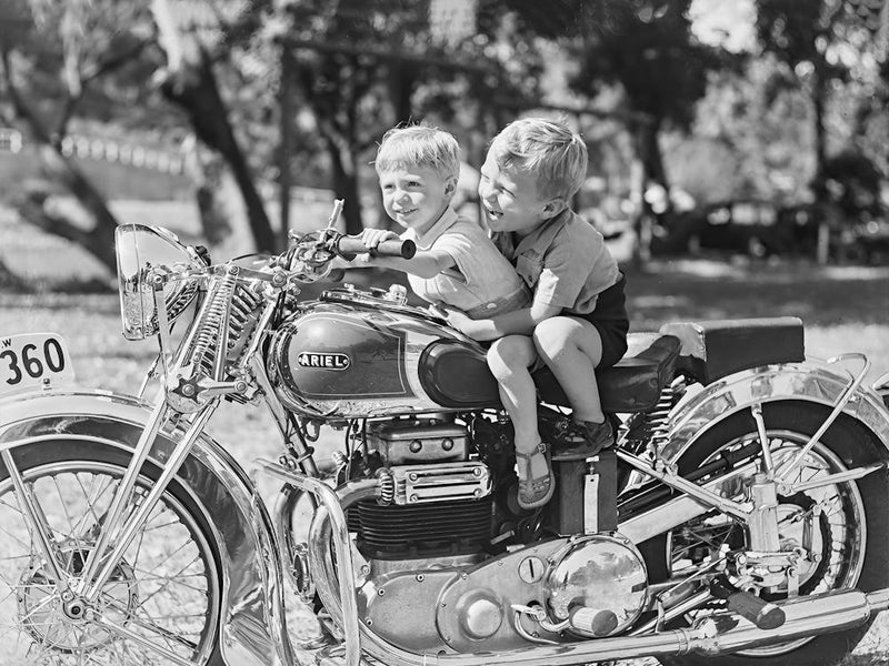 Two Boys On A Motorcycle, Vintage Black and White Old Photo 1