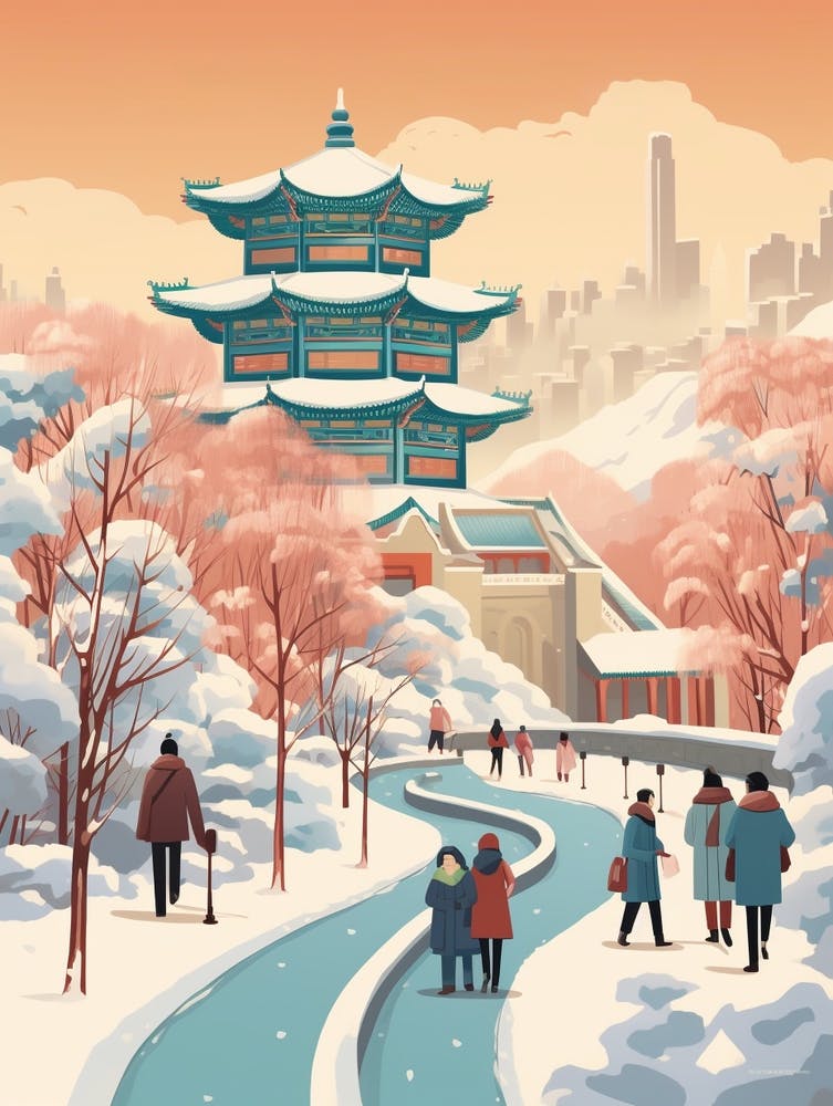 Vintage Winter Travel Illustration Beijing China 5