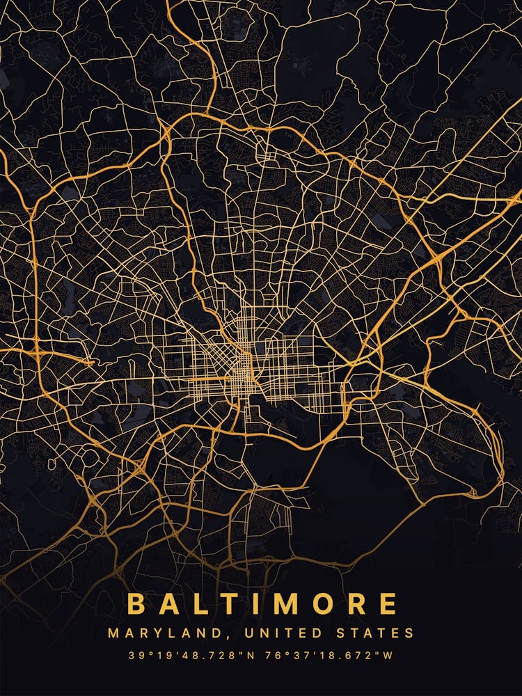 Baltimore Maryland USA Black And Gold Map