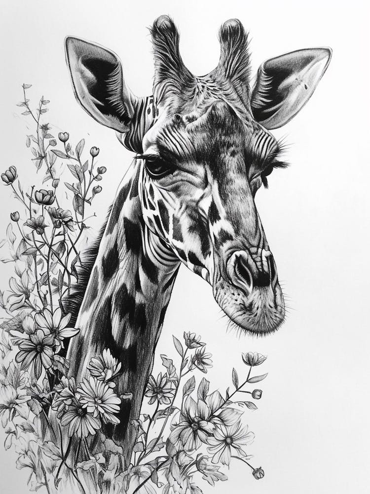 Giraffe With Their Head In The Flowers 1