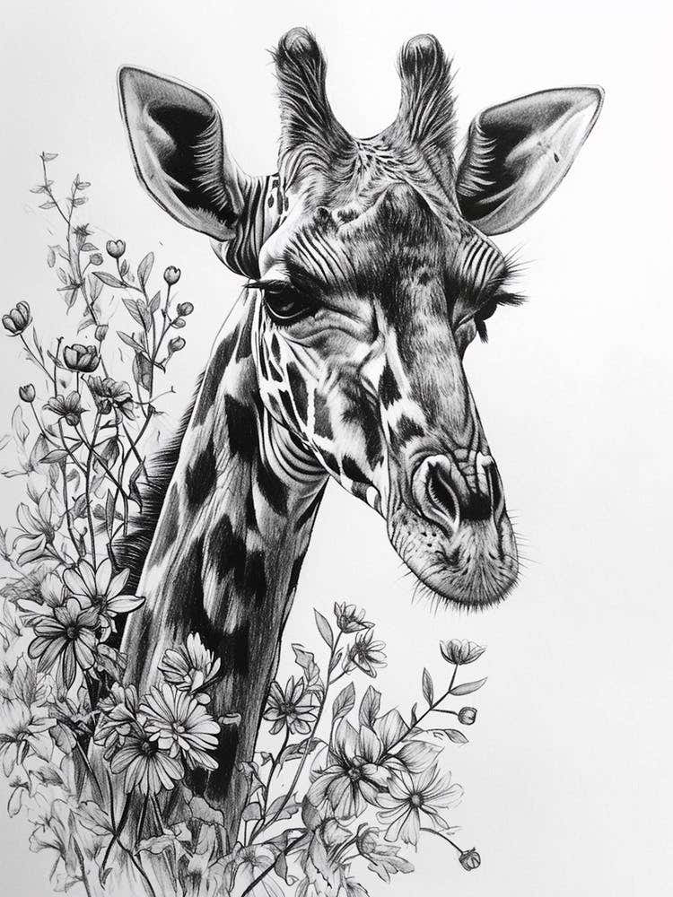 Giraffe With Their Head In The Flowers 1