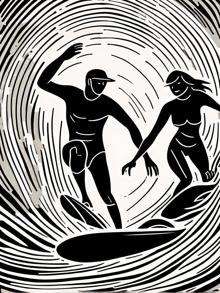 A Couple Surfing Linocut inspired Black And White Painting , surfing art, surf 196