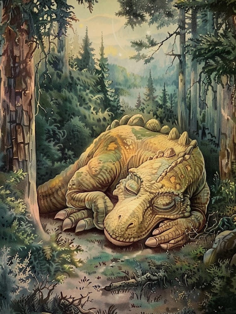 Dinosaur Sleeping Under A Shaded Tree Storybook Painting 1