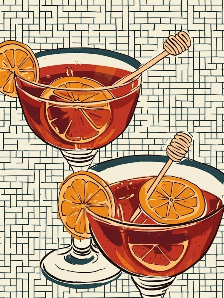 Orange Cocktail Illustration Tiled Art Deco Inspired