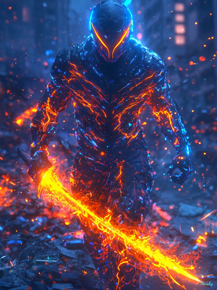 Infernal Cyber Warrior – Neon Fire Samurai Poster