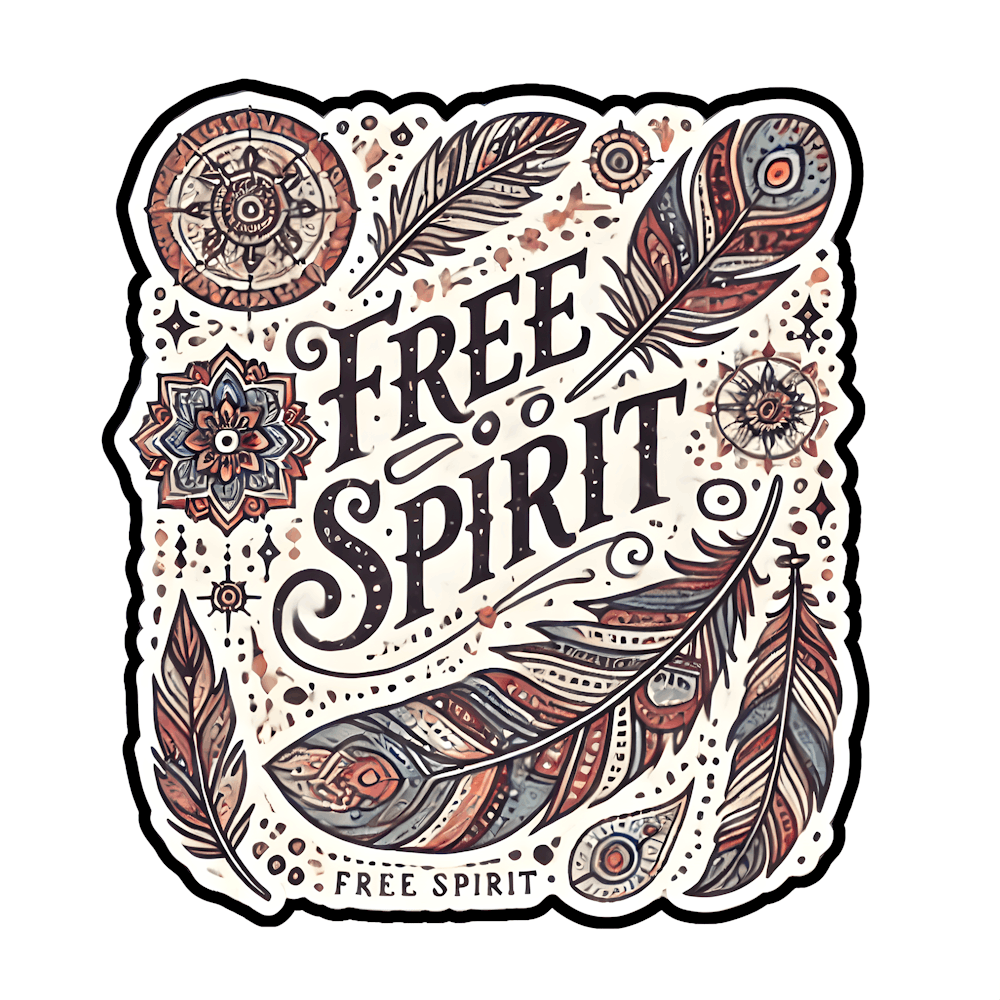 Boho Sticker Design with Feathers, Mandalas, and 'Free Spirit' Quote