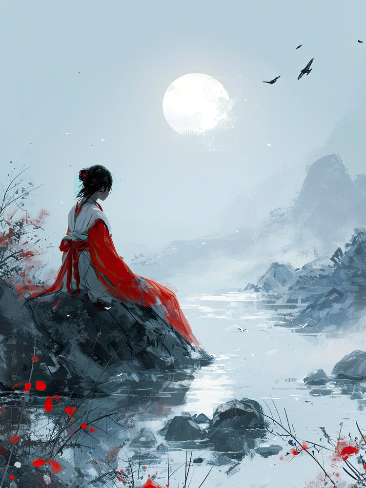 Chinese Woman In Red Dress at Night