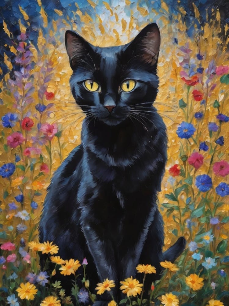 Klimt Style Black Cat in Garden Flowers Meadow Gold Leaf Painting - Gustav Klimt and Monet Waterlillies Poppies Daisies Inspired Textured Wall Decor - Super Vibrant HD High Resolution