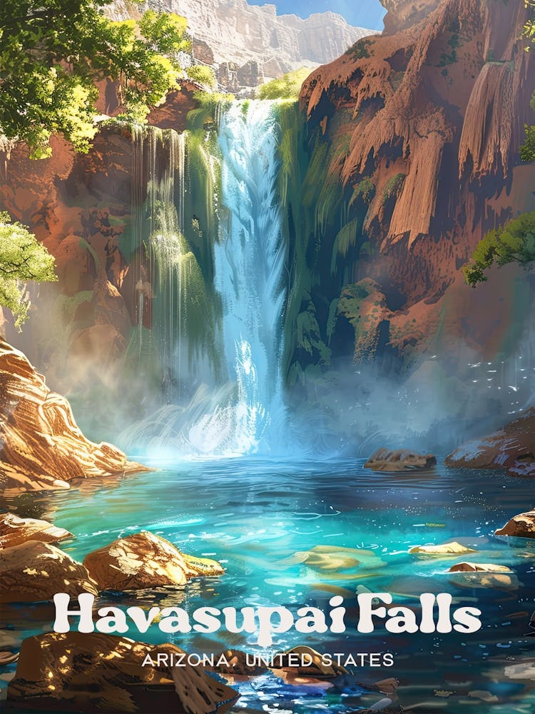 Havasupai Falls Grand Canyon Travel Art Illustration