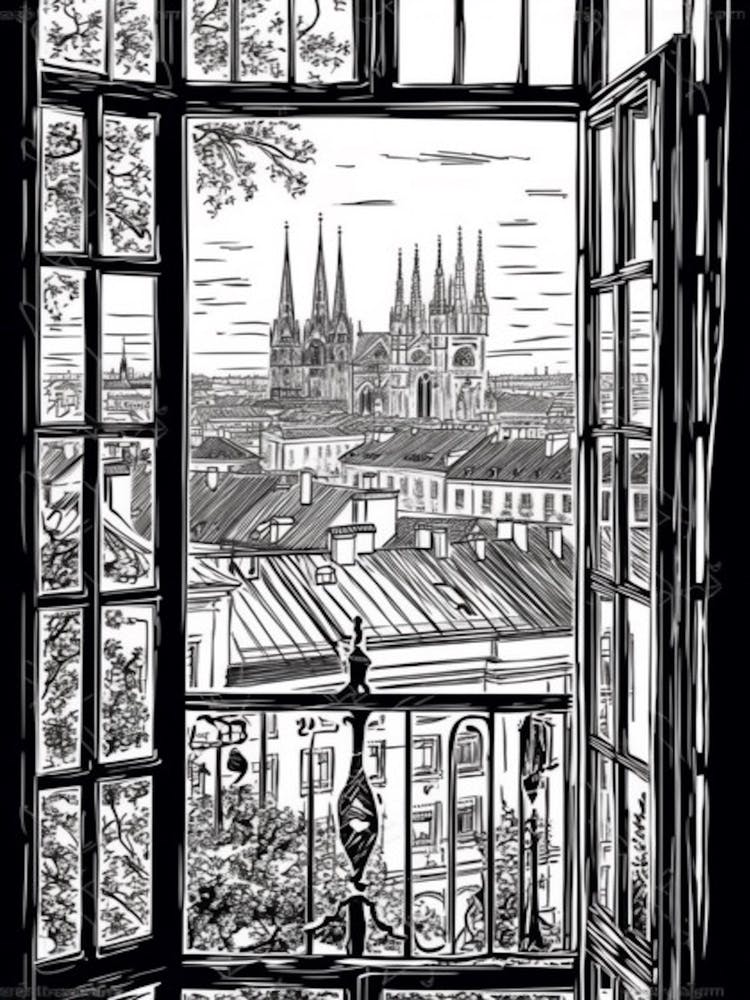 A Window View Of Vienna In The Style Of Black And White  Line Art 3