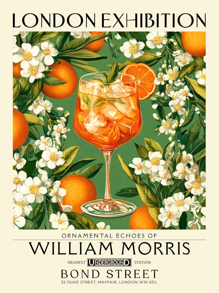 Impression cocktail Aperol Spritz style William Morris art floral maximaliste, décoration murale boisson d'inspiration estivale nature morte botanique vintage décor éclectique pour chariot de bar, salon, cuisine, salle à manger 16