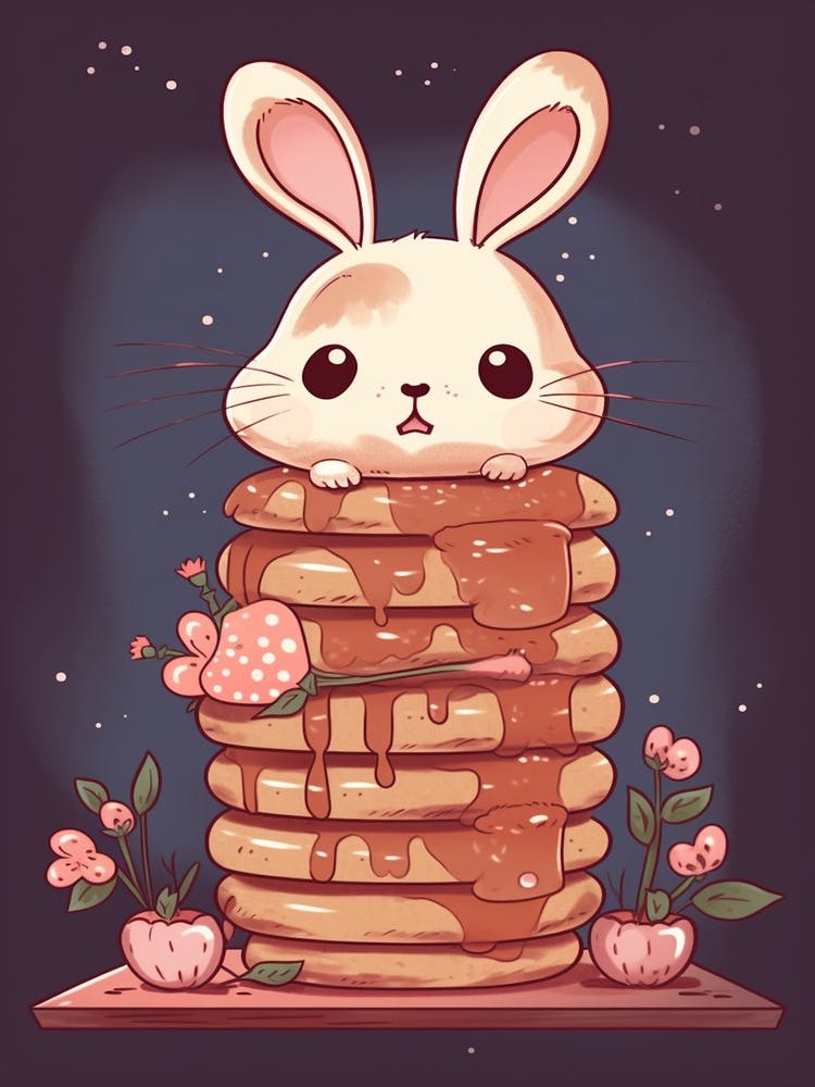 Häschen auf einem Pfannkuchenstapel Kawaii Illustration 1