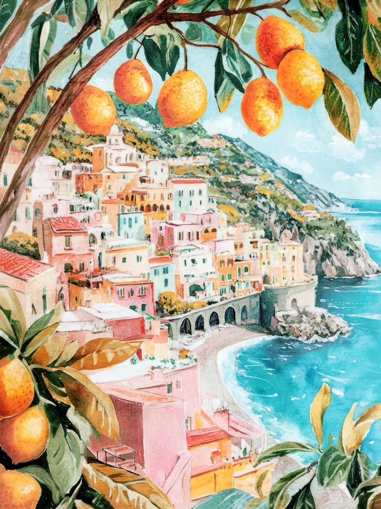 Amalfiküste Reiseposter Lebendige Aquarell-Illustration Italien Dopamin-Dekor