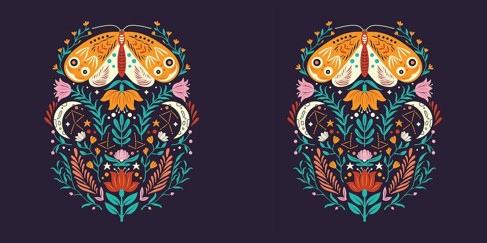 Colorful Moth With Florals On Deep Purple