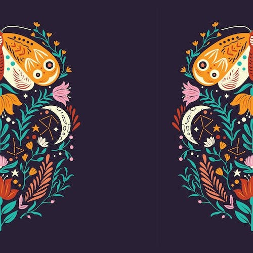 Colorful Moth With Florals On Deep Purple