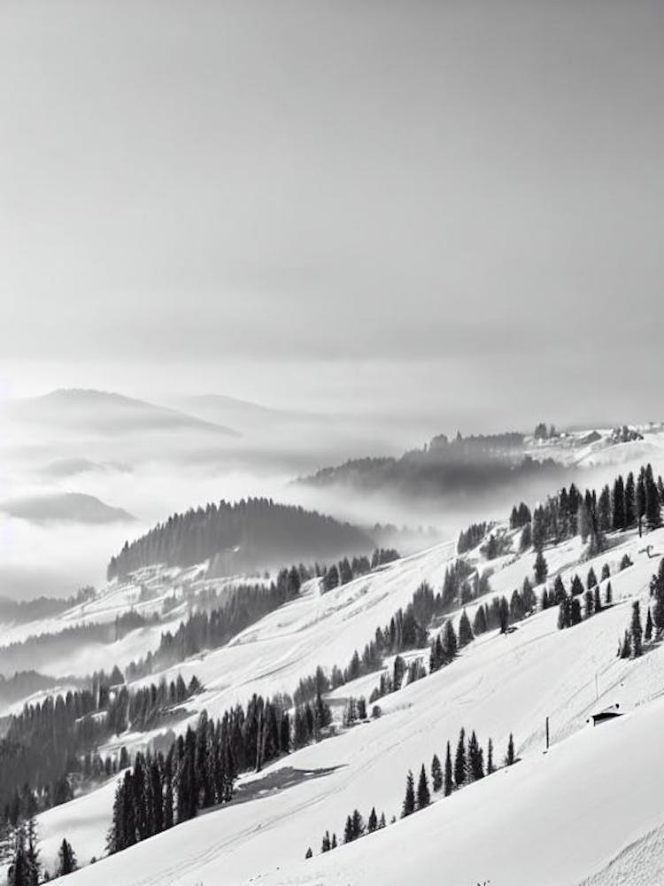 Châtel, France Black And White Skiing Poster