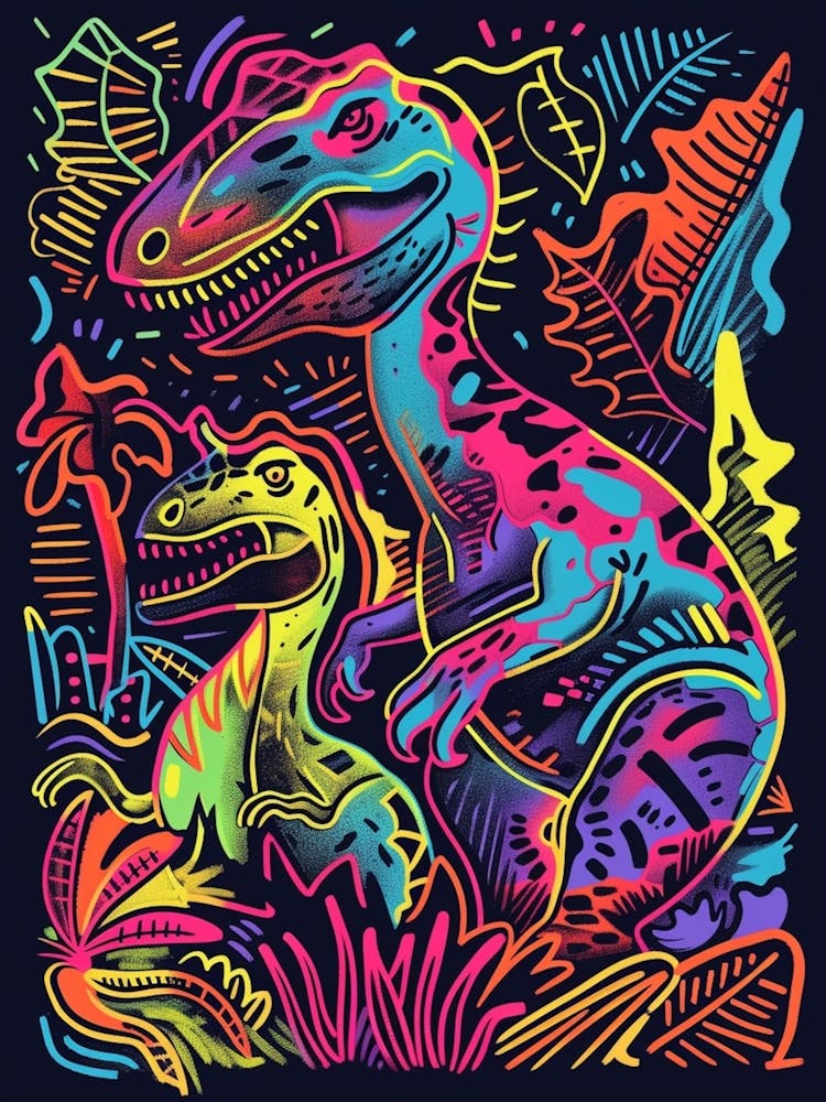 Two Neon Dinosaur Line Illustration
