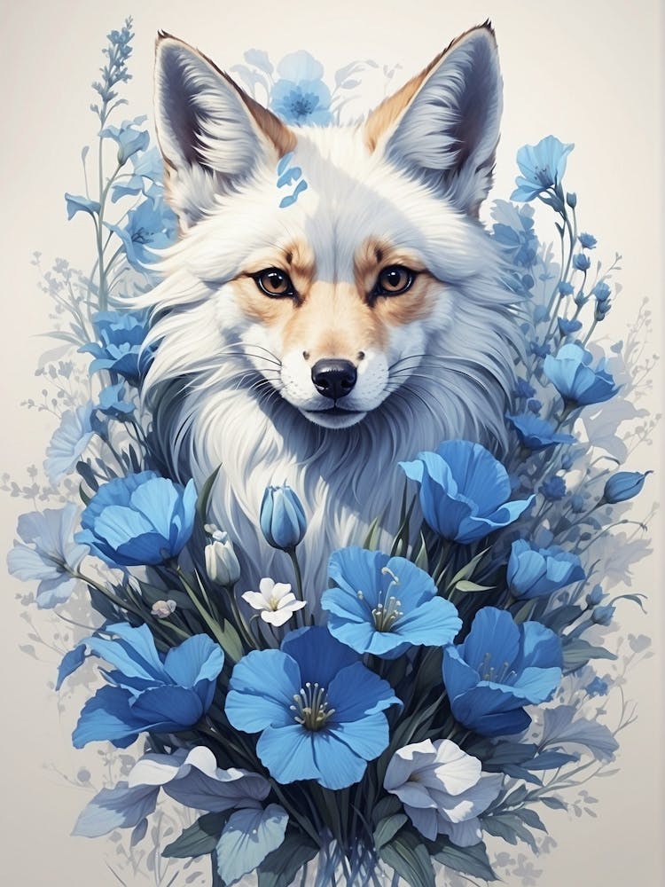 Fox With Blue Flowers