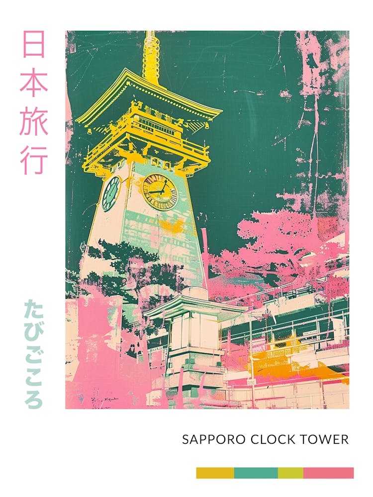 Sapporo Clock Tower Japan Retro Duotone Silkscreen Poster 1