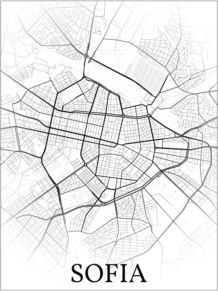 Sofia, Bulgaria, City Map, Black And White Fade Design