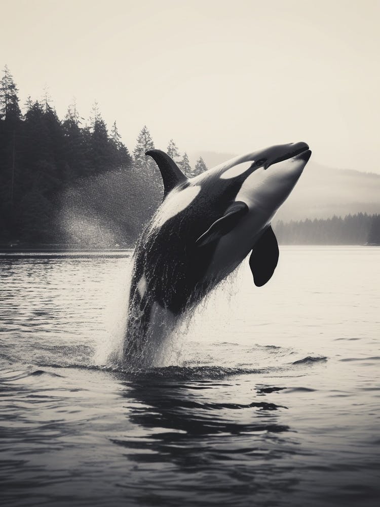 Orca Whale Dramatically Diving Out Of Water Black & White