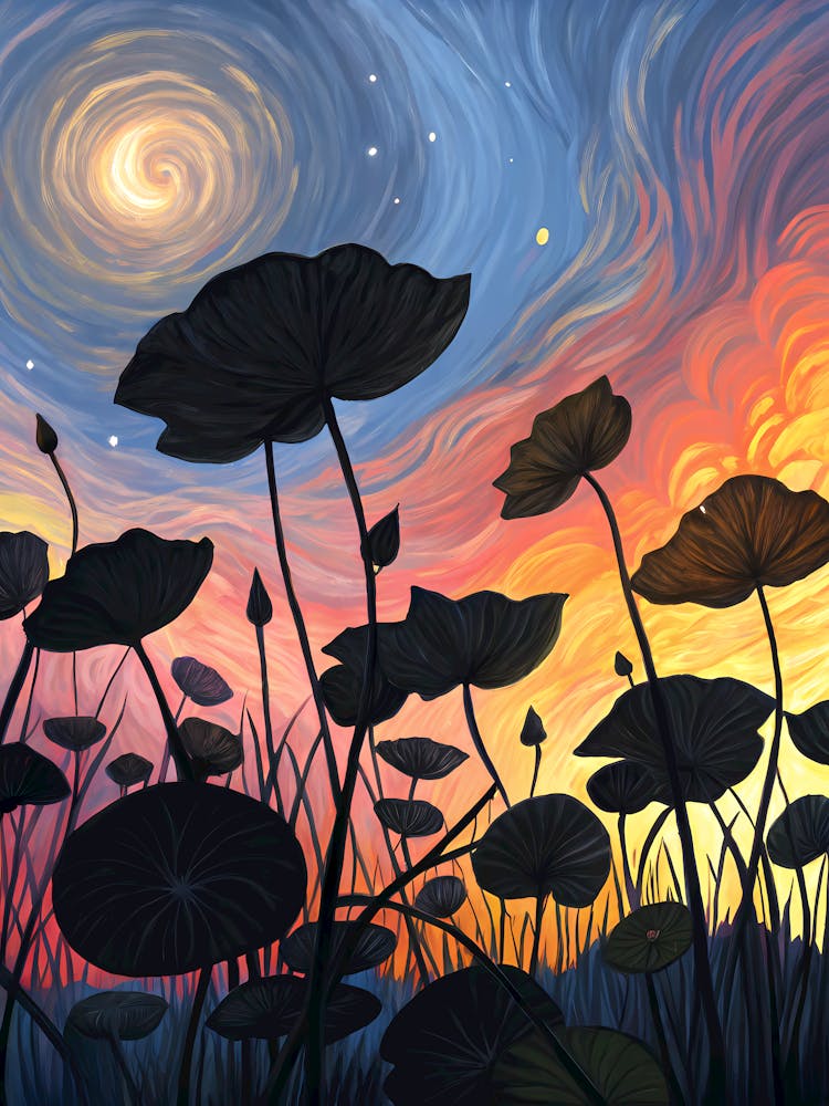 Van Gogh Lotus Silhouette Sunset Sky & Water Lily Pond