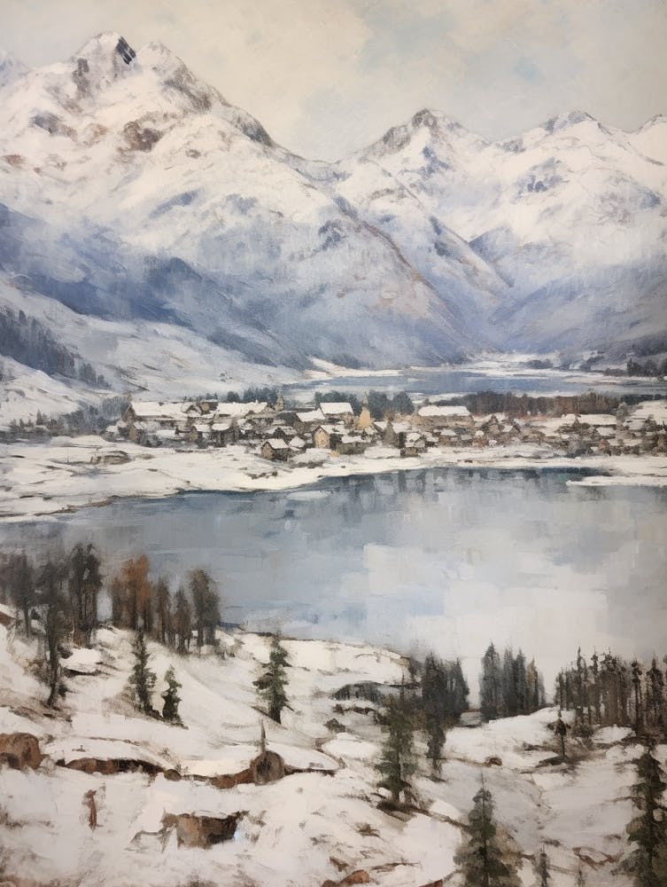 Vintage Winter Painting St Moritz Switzerland 3