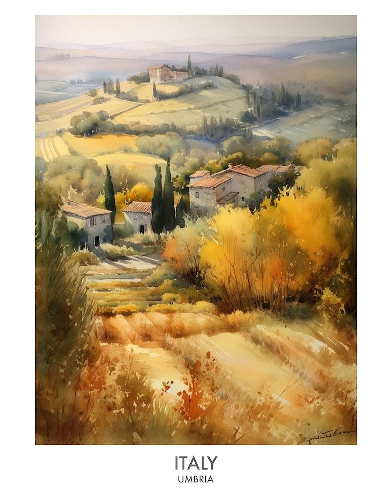 Umbria, Italy 4 Watercolor Travel Poster