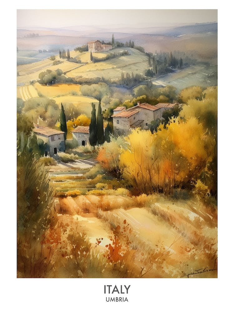 Umbria, Italy 4 Watercolor Travel Poster