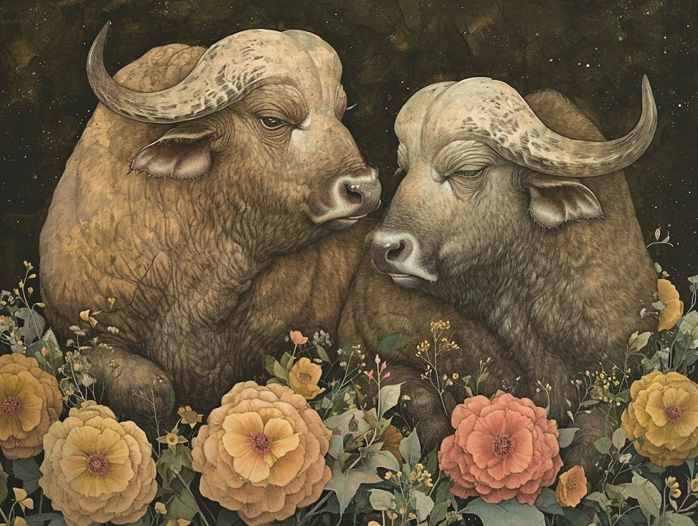 Floral Animal Illustration Buffalo 2